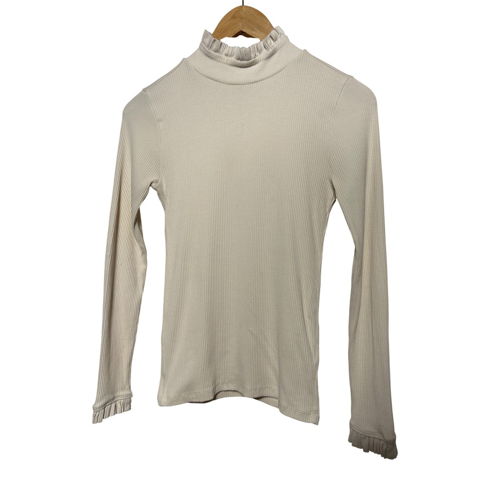 Ribbed Mock Neck Ruffle Trim Long Sleeve Top Cream Women's Size Small